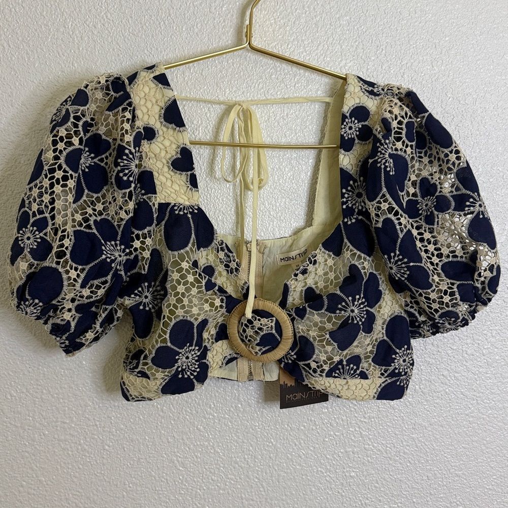 Main Strip Cream and Navy Crochet crop Top- medium